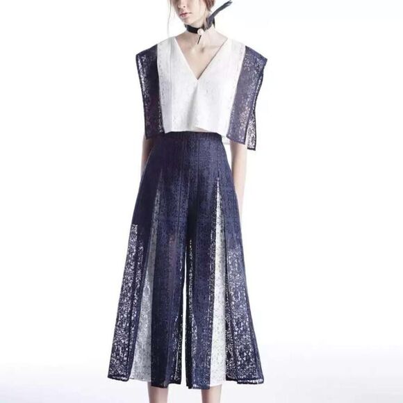 Self-Portrait Pants - Disaya white and navy lace top and pants set
